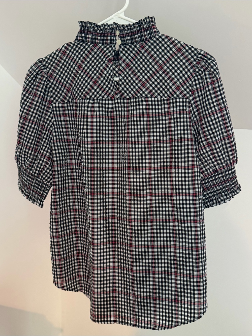 LOFT Black & White Plaid Smocked Neck Blouse with Red Accent size xs - Picture 6 of 6